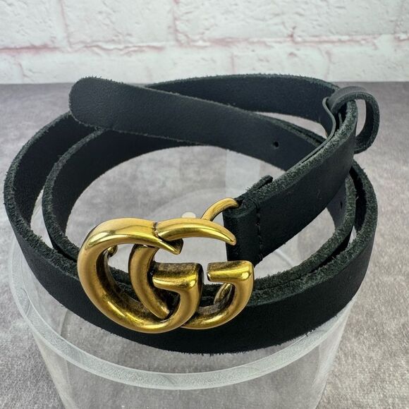 Gucci Distressed Edge Black Belt Gold Double GG Buckle 409417 85/34 - Picture 3 of 9